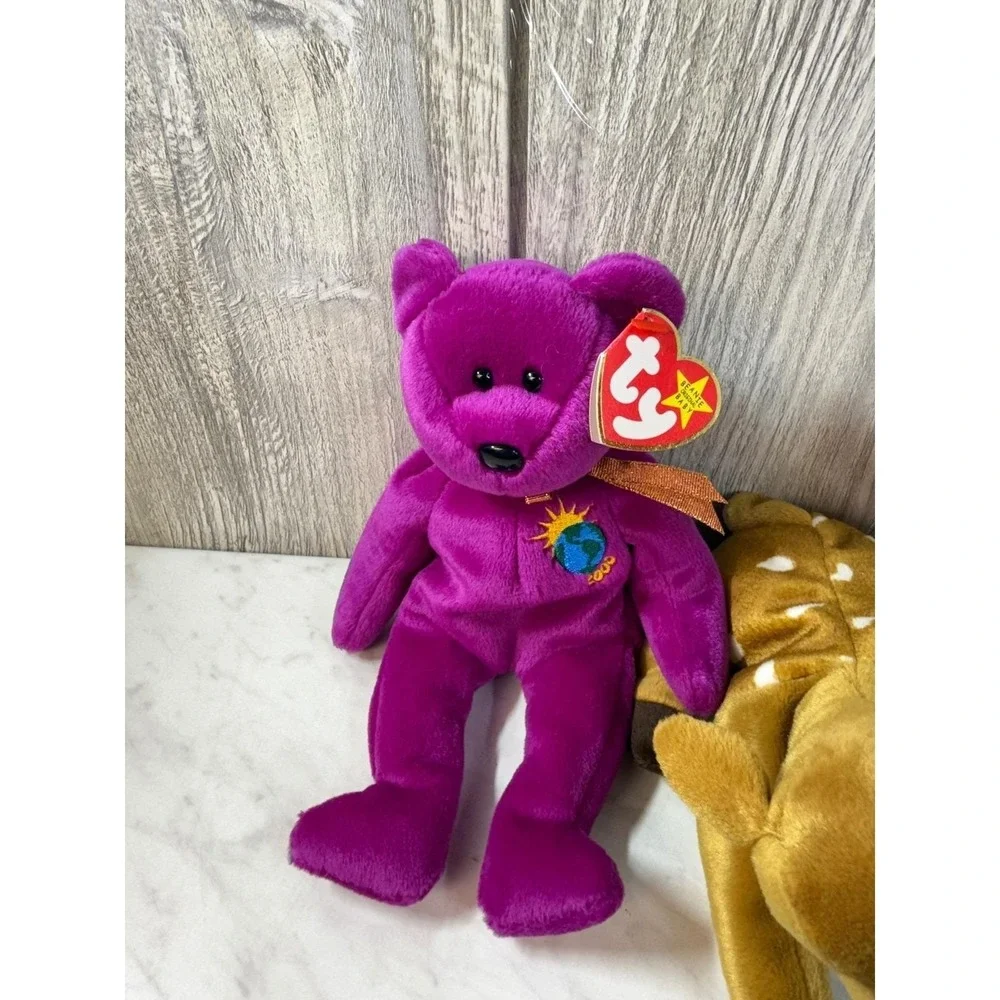 Ty Beanie Babies Lot 3 Millennium Purple Bear Whisper Deer Pouch Kangaroo Tags